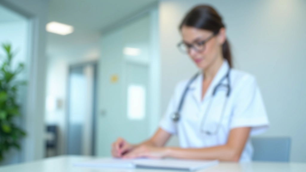 Medicinos sestra apžiūrinėja paciento dokumentus, kurie buvo paruošti iš anksto dėl patvirtinto vizito