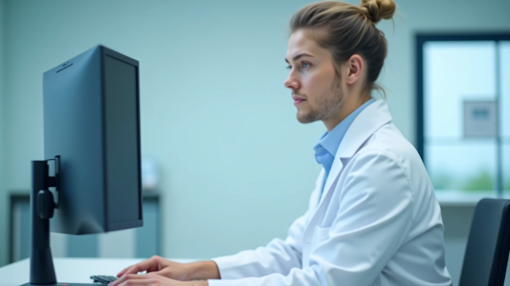 Medicininė sestra žiūri į monitorių su pacientų vizitų sąrašu, šiuolaikinis klinikos kabinetas