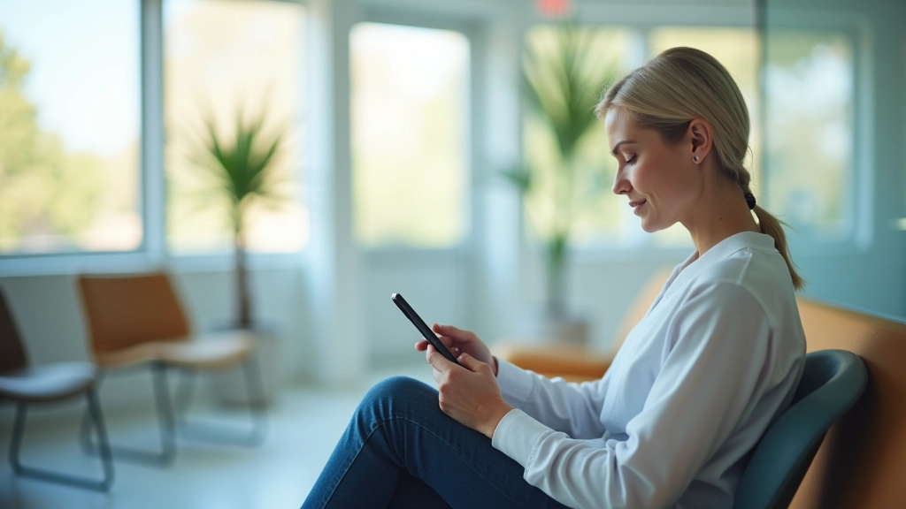 Pacientas naudoja mobilųjį telefoną priimamajame, sėdėdamas ir laukdamas vizito